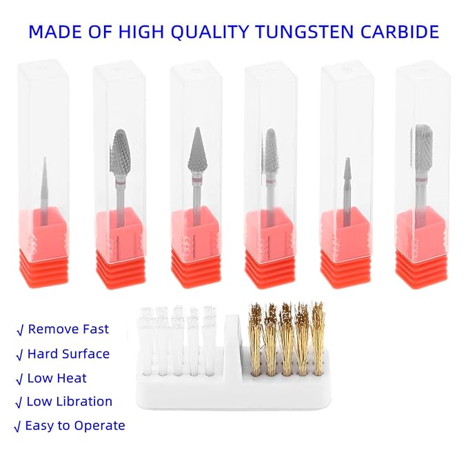 dophee 6 Pack Nail Drill Bits Set for Acrylic Nails, 3/32" Shank Electric Nail Grinding Head Polishing Remover Tool for Nail Art Salon Cuticle Cleaner, Fine Grit, Red