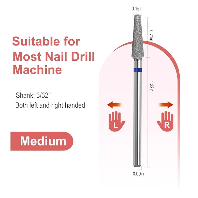 Diamond Safety Nail Drill Bits Round Top Tapered Electric Nail Drill File Cuticle Cleaner Tool for Acrylic Nails Rotary Nail Drill Machine Manicure Pedicure Polishing (Medium)