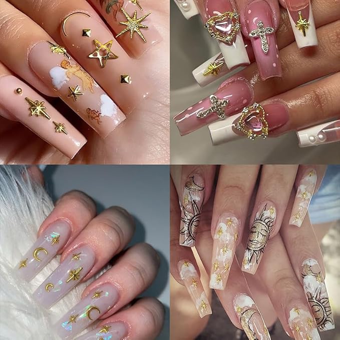 3D Star Nail Charms, Gold & Silver Multi-Shapes Metallic Nail Art Gems and Small Round Caviar Beads, Craft Jewels Nail Rhinestones Accessories Manicure Decor with Tweezers and Pick-up Pencil 4