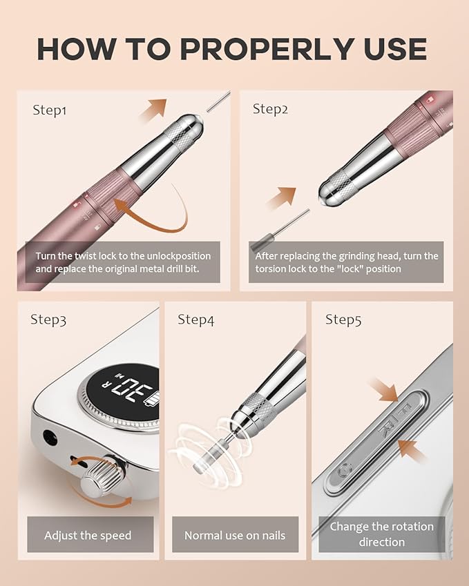 45000 RPM Nail Drill - Brushless Cordless Efile LCD Display & Heat Reduction Tech for Acrylic Gel Nails (White)