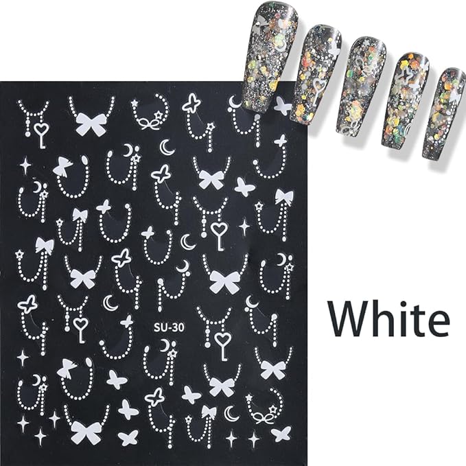 Silver Gold Bow Heart Nail Art Stickers, 6 Sheets 3D Self-Adhesive Nail Decals for Women and Girls, Nail Art Design Shiny Supplies Decoration Accessories