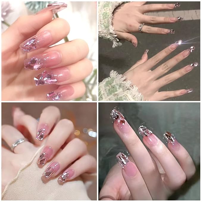 2052Pcs Pink Nail Rhinestones Light Pink Rhinestones for Nails 72 Multi Shapes Big Gems +1980 Flatback Round Beads K9 Glass Crystals Diamonds Jewels Nail Charms Nail Art for Nails Faces Makeup