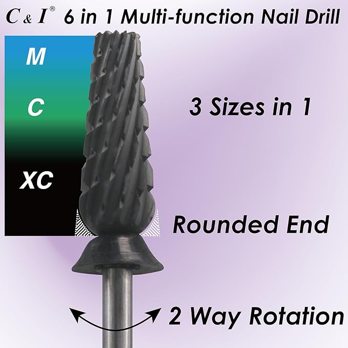 C & I Nail Drill Bit 6 in 1 Multi-function Rounded End E-file, Diamond Coat, CNC Overall Cut Nail Tools for Nail Techs Quick Remove Acrylic Nail Gels & Nail Art (Special Coat, Extra Coarse -XC)
