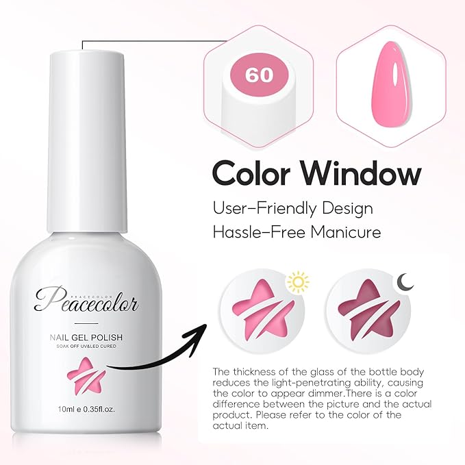 PEACECOLOR Pink Gel Nail Polish Set, 6 Colors 10ML Gel Polish Starter Kit Pink White Glitter Collection Soak Off Gel Manicure Set for Nail Art Home Salon