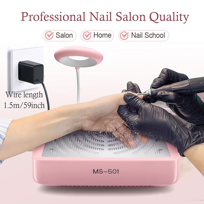 Nail Dust Collector with Lamp Powerful Nail Vacuum Fan, Pink Dust Collector Extractor, Electric Dust Suction Machine for Acrylic Gel Nails Polishing Low Noise