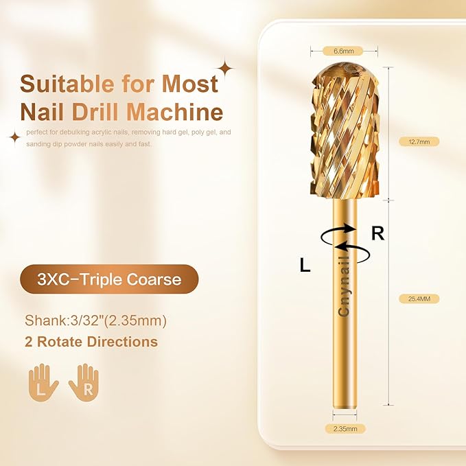3/32" Large Barrel Smooth Round Top Tungsten Carbide Nail Drill Bit Safety Bit for Gel & Acrylic Removal, 2-Way Rotating Efile Tip, Salon Electric File Accessory (3XC Grit, Gold)