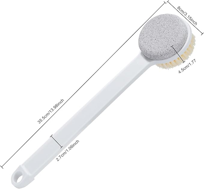 Pumice Stone and Shower Brush with Long Handle, Hard Skin Callus Remover, 2 in 1 Foot Scrubber, Back Scrubber for Shower Deep Cleansing and Exfoliation, Dry Brushing Body Brush (Straight)