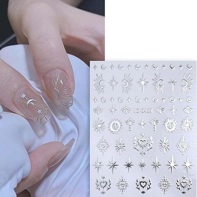 Star Nail Stickers 6 Sheets Gold Silver Nail Decals Sun Star Moon Nails Design Supplies Self-Adhesive 3D Nail Art Stickers for Women DIY Manicure Tips Decorations