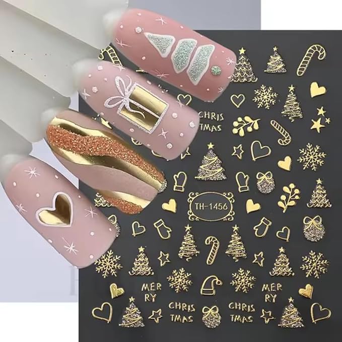 Christmas Nail Art Stickers Decals 3D Self-Adhesive Gold Christmas Nail Decals 6PCS Crystal Ball Snowflake Tree Candy Elk Xmas Nails Design Manicure Sliders for Women Holiday DIY Nail Decorations