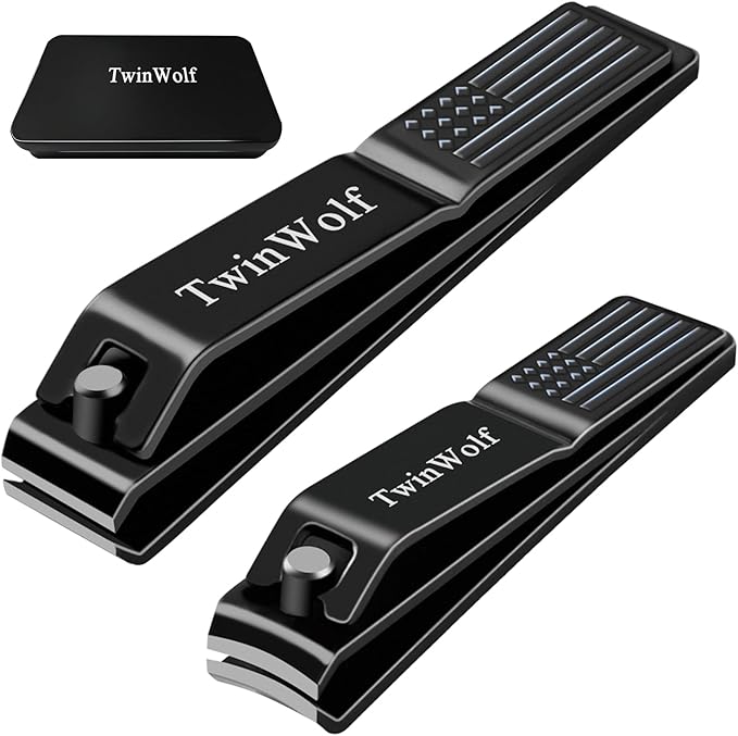 TwinWolf Nail Clippers Set, Ultra Sharp Sturdy Fingernail and Toenail Clipper by American Flag Pattern Handle,Built-in Nail File Stainless Steel Nail Clipper Cutter for Men and Women,Black,2-Pack