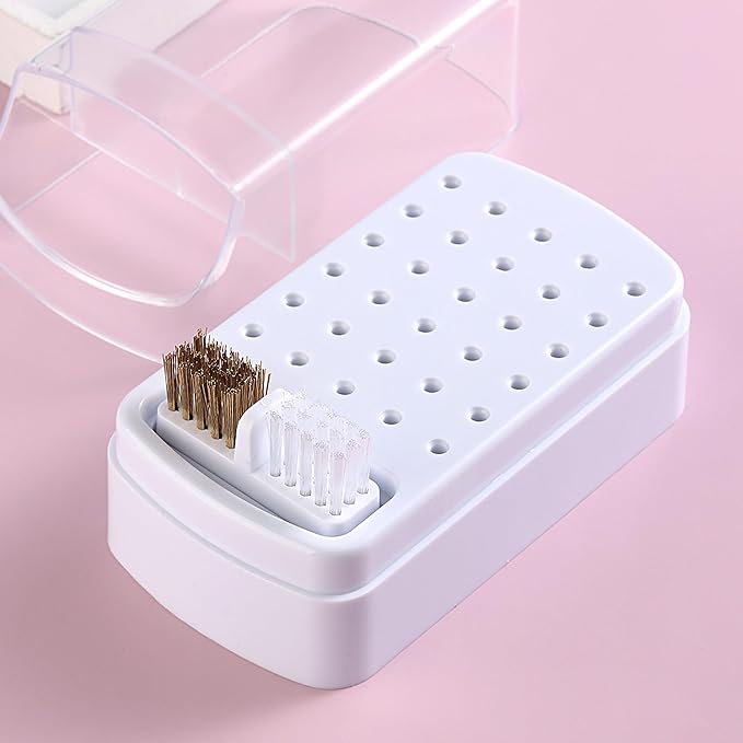 Nail Bit Holder & Nail Drill Bit Cleaner 2 in 1, 30 Holes Nail Drill Holder Organizer Nail Bit Brush Cleaner Drill Bit Holder for Nails Dustproof Stand Displayer Storage Box Tools-White