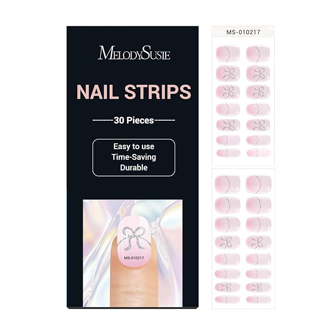 MelodySusie 30PCS Semi Cured Gel Nail Strips (Pink Bow French Tips), Works with Nail lamp, Salon Quality, Long Lasting, Easy to Apply and Remove, Includes 2 Prep Pads, Nail File and Wooden Stick
