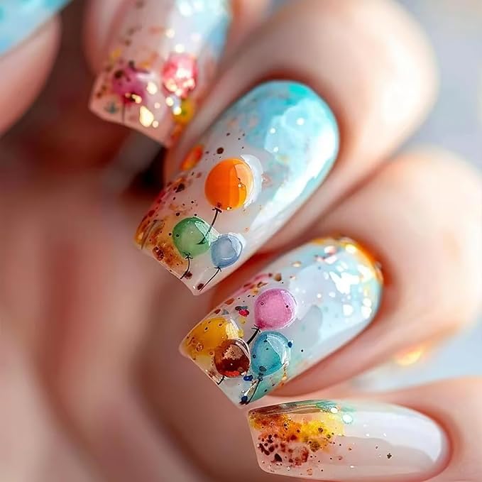 Colorful Ballon Press on Nails Medium Length Gradient French Stick on Nail Press Ons with Design Full Cover Artificial False Nail Glossy Reusable Acrylic Manicure Glue on Nails for Women