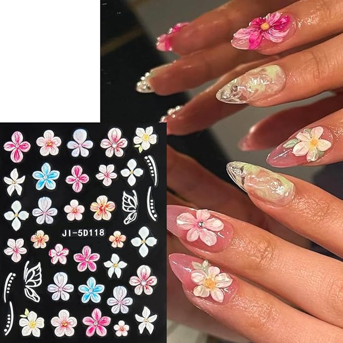 5D Embossed Flowers Nail Stickers, 4 Sheets Self-Adhesive Colorful Summer Floral Nail Decals Hibiscus Rose Butterfly Nail Art Design Manicure Decoration Accessories for Women Girls