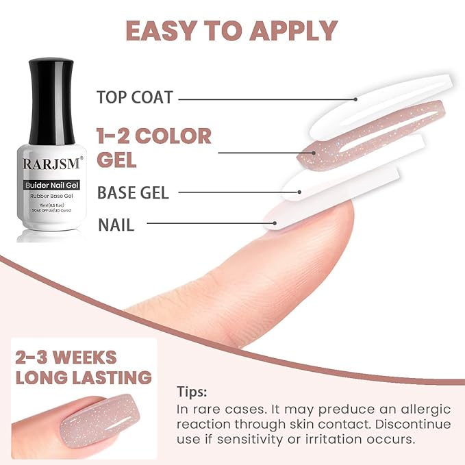 RARJSM Glitter Rubber Base Gel Nail Polish Nude Gray Pink Rubber Base Rainbow Iridescent Shimmer Brush on Quick Extend Builder Hard Gel Soak Off Curing Requires 15ml Salon Home French Manicure