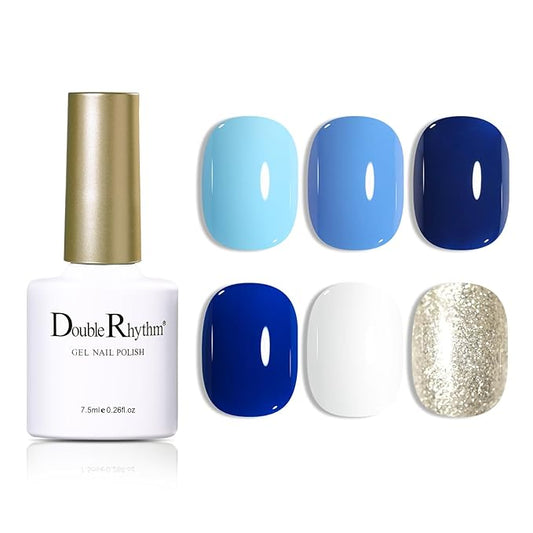 Double Rhythm Gel Polish Set of 6 Colors Baby Light Pastel Milky Gel Polish Starter Kit Art DIY Salon Home (Light Dark Navy Blue White Gold,Kit 17)