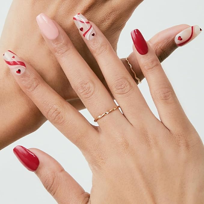 ohora Semi Cured Gel Nail Strips (N Cupid's Trace) - Red, Pattern, Works with Any UV/LED Lamps, Salon-Quality, Long Lasting, Easy to Apply & Remove - Includes 2 Prep Pads, Nail File & Wooden Stick
