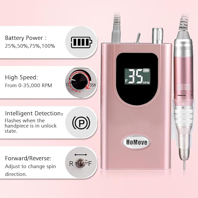 35000RPM Portable Nail Drill Machine, HoMove Professional Nail Drill Machine, Rechargeable Electric Efile Nail Drills for Acrylic Gel Nails, Cordless Portable Nails Drill【Rose Gold】