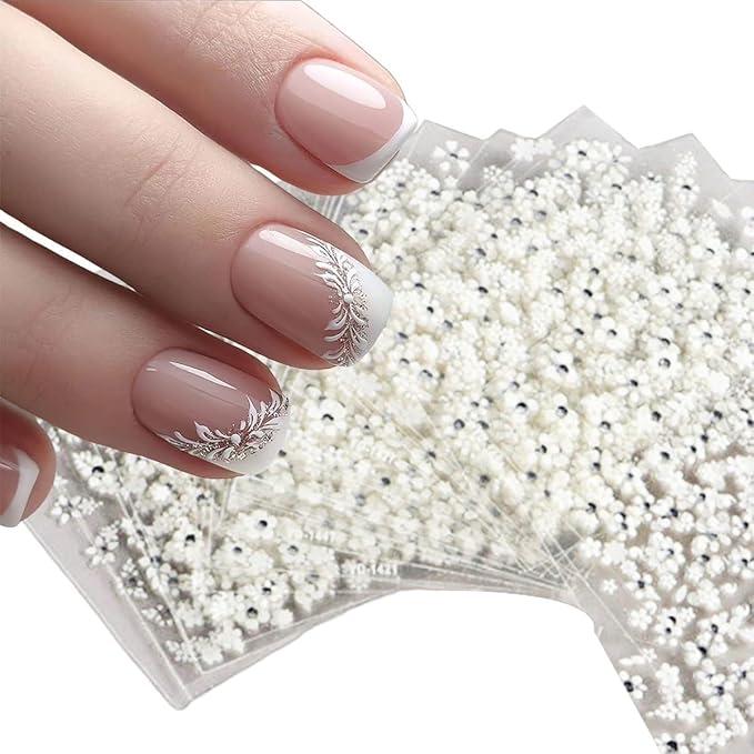 30 Sheets White Flower Nail Art Stickers, 3D Self Adhesive White Flower Nail Sticker Design Holographic Small Floral with Rhinestones Nail Art Decals Nail Supplies for Women Girls Manicure Decoration