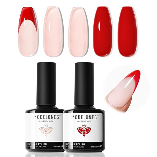 modelones French Tip Gel Nail Polish Set 2 Pcs 15ml Red and Jelly Pink French Manicure Kit Sheer Pink Soak Off U V LED Base Color Gel Polish Nail Art Home DIY Gift for Women