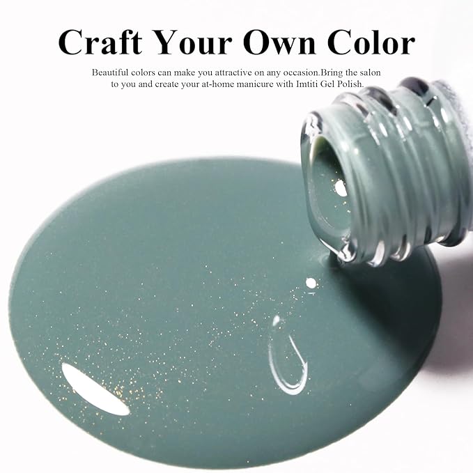 Imtiti Glitter Gel Nail Polish, 0.5 Fl Oz Sage Green Glitter Gel Polish Soak Off LED U V Gold Shimmer Sparkle Nail Gel Polish DIY Nail Art Starter Manicure Salon Gel Nail Polish Kit