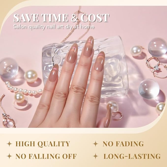 evpct Nude Brown Cat Eye Press on Nails Almond Medium, Medium Almond Glue on Nails for Women Gift, Iridescent Pink Smile Curve Metallic Glitter Reusable Gel Press on Acrylic Fake Nail with Designs