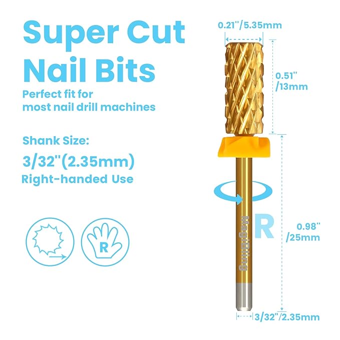 3/32'' Super Cut Nail Drill Bits for Fast Hard Gel Removal, MagiBling Tungsten Carbide Bits for Professional Users, Upward Deep Cut, Right Hand Use, Manicure Cuticle Gel Polishing, Double Coarse.