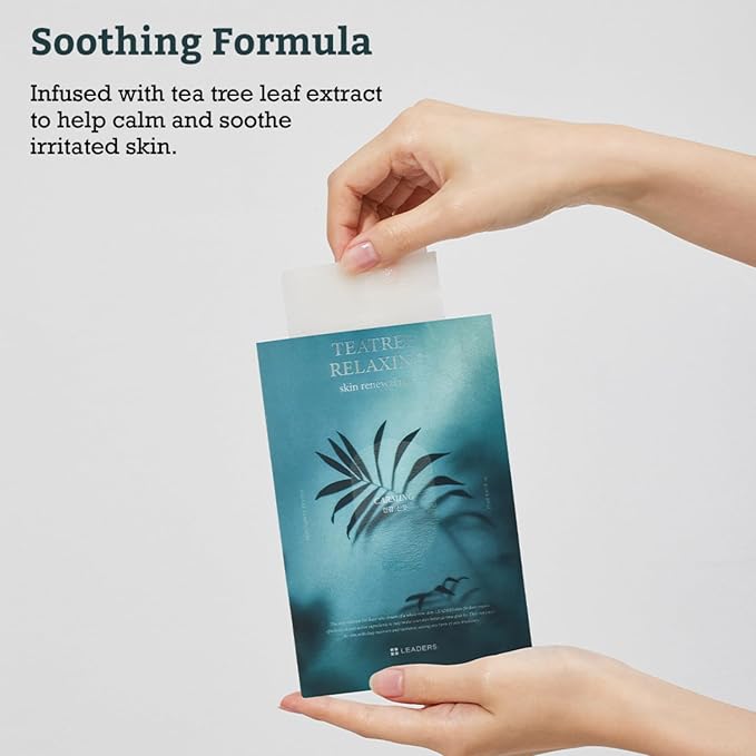 LEADERS Teatree Relaxing Skin Renewal Mask – Soothes & Calms Sensitive, Acne-Prone Skin – Controls Excess Oil & Reduces Redness – Hydrating and Refreshing Sheet Mask for Oily Skin – 10 Sheets