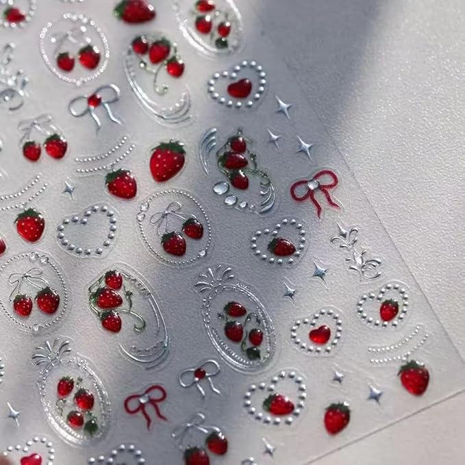 2 Sheets Red Strawberry Nail Stickers Silver Sliders Line Heart Nail Decals 3D Self-Adhesive Heart Nails Decals Cute Red Bow Design Strawberry Nails Supplies for Women Manicure