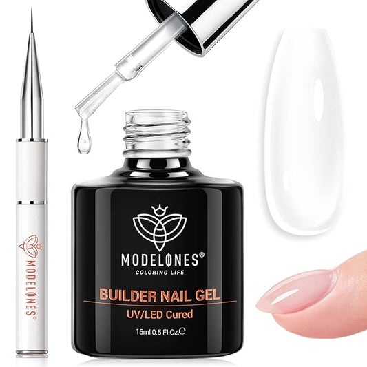 modelones Builder Nail Gel, 7-in-One Clear Builder Nail Polish with Detachable Liner Brush, 15ml LED Lamp Cured Rubber Base Gel Polish Strengthener Color Base Coat Thickening Solution