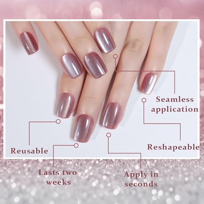 evpct Pale Mauve Cat Eye Short Press on Nails Square, Glue on Nails Short Square for Women Gift, Mauve Metallic Glitter Glossy nails press ons, Reusable Stick Press on Acrylic Fake Nail with Designs