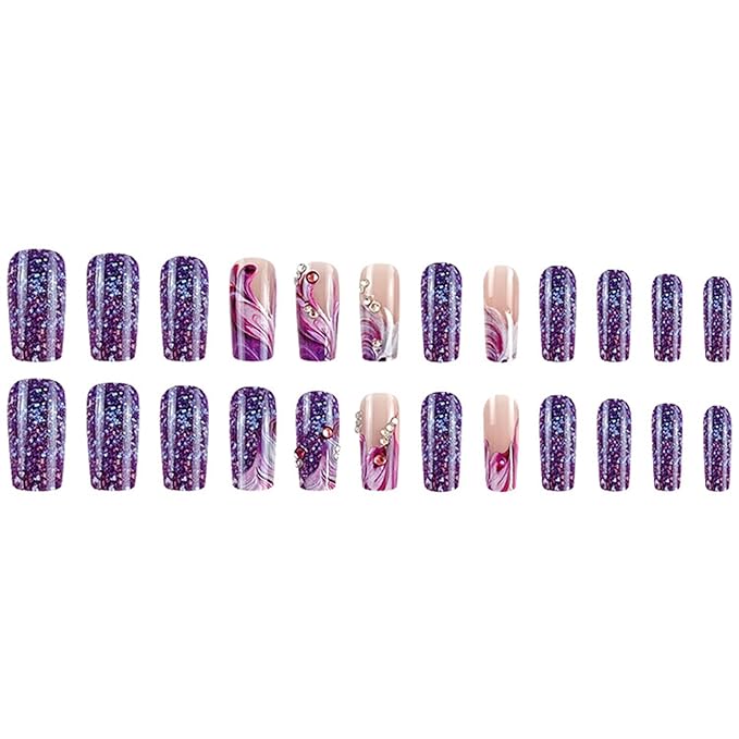 Purple French Manicure Press-On Medium Coffin False Nails Powder Purple Gradient with Rhinestone Design Glitter Shiny Full Cover Glue Nails for Women Girls Nail Art Set 24pcs