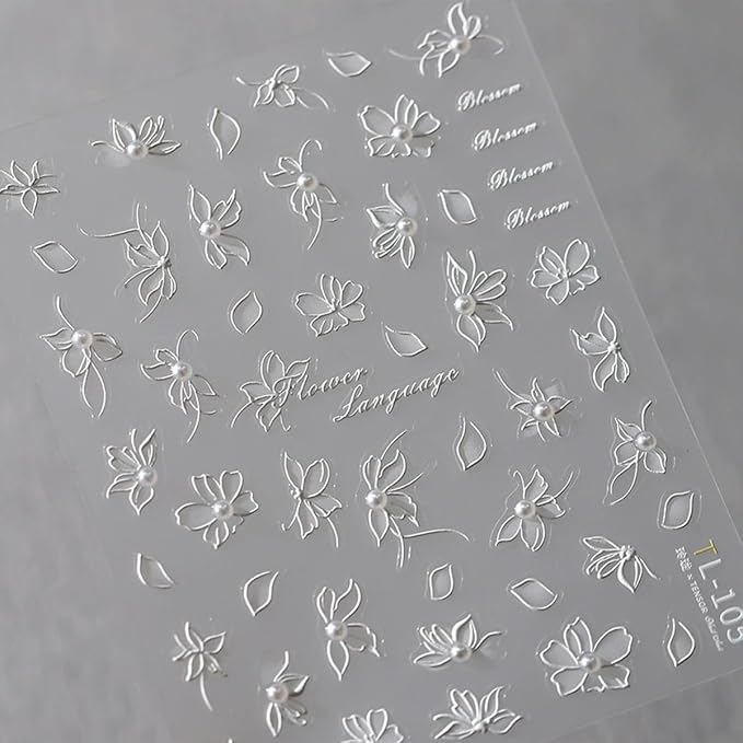 5D Embossed Flower Nail Stickers White Floral Nail Art Stickers Self-Adhesive Pearls Nails Decalsb Spring Summer Nail Art Design Supplies for Women Girls Nails Manicure Decoration