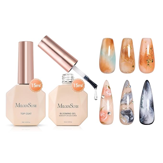 MelodySusie 2PCS Clear Blooming Gel and Top Coat Set for Nail Design, Marble Watercolor UV Gel Nail Polish, Spreading Effect Sheer Painting Gel Nail Art Supplies, Nail Salon Manicure at Home for Women