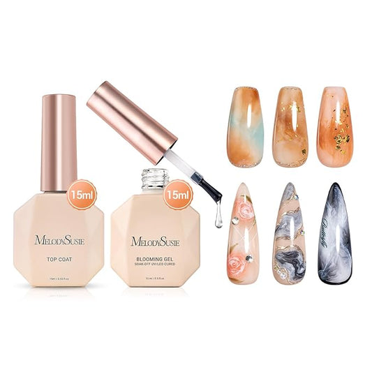 MelodySusie 2PCS Clear Blooming Gel and Top Coat Set for Nail Design, Marble Watercolor UV Gel Nail Polish, Spreading Effect Sheer Painting Gel Nail Art Supplies, Nail Salon Manicure at Home for Women