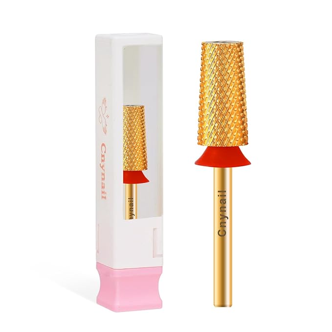3/32" Large Tapered Barrel Flat Bit Tungsten Carbide Nail Drill Bit Safety Bit for Gel & Acrylic Removal, 2- Way Rotating Efile Tip, Salon Electric File Accessory (F Girt, Gold)