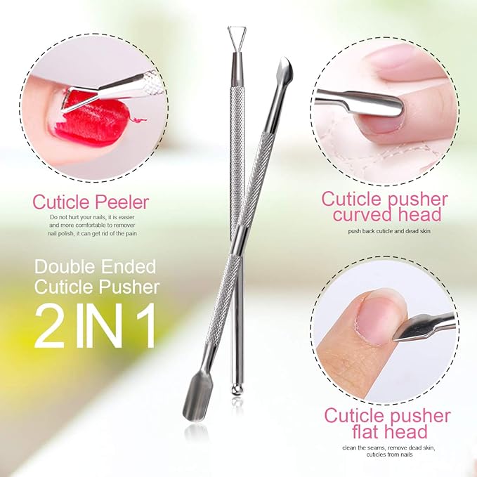 Teenitor Nail Polish Gel Remover Tool Kit With Soak Off Clips, Cuticle Pusher Peeler Scraper, Remove Pads, Files, Buffer Block, Pink Nail Brush