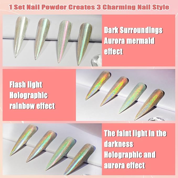 Allstarry Chrome Nail Powder Holographic Aurora Metallic Mirror Laser Effect Pigment, Iridescent ICY Aurora Glitter Dust Kit for Gel Polish Nail Art Decoration, Resin Craft - Emerald Rainbow