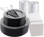 LIYH 350Pcs Black Silver Lace Plastic Plates Dinnerware Set by LIYHLoveinyourheart