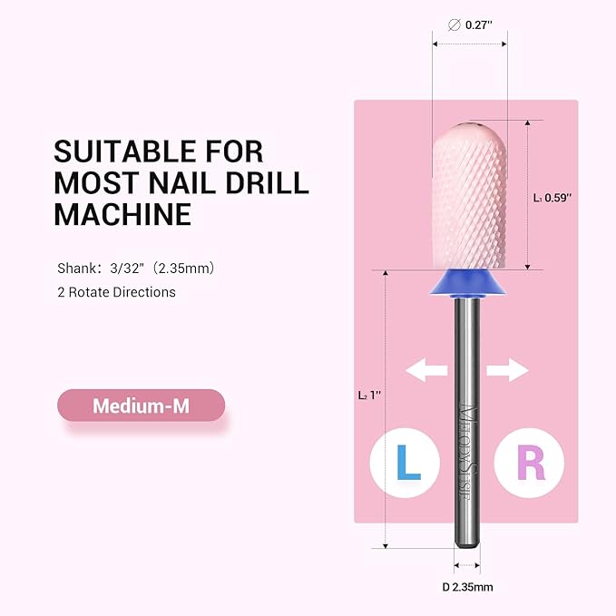 MelodySusie Ceramic Nail Drill Bit, 3/32'' Smooth Round Top Large Barrel Bits, Suitable for Manicure Pedicure Cuticle Gel Polishing, Beginners Bits, Pink, Series Bit-S, Medium
