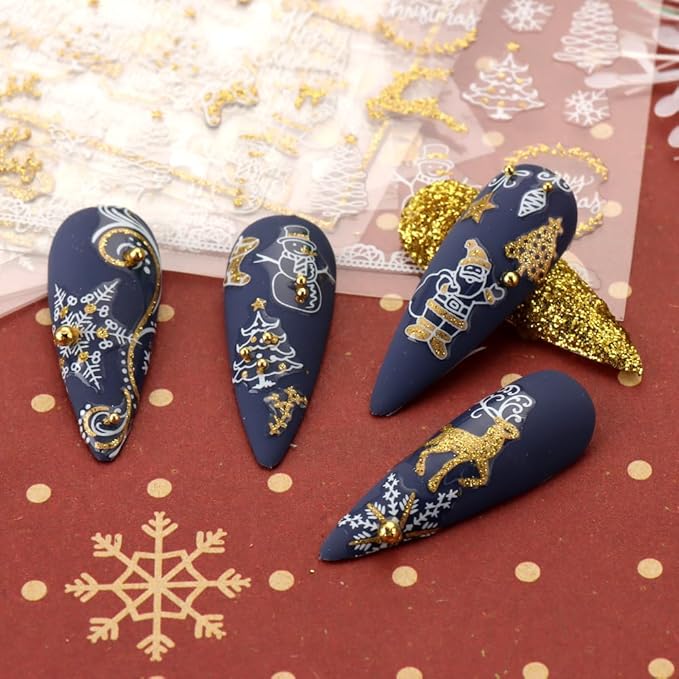 JMEOWIO 9 Sheets Christmas Nail Art Stickers Decals Self-Adhesive Pegatinas Uñas Bling Snowflake Snowman Holiday White Gold Nail Supplies Nail Art Design Decoration Accessories