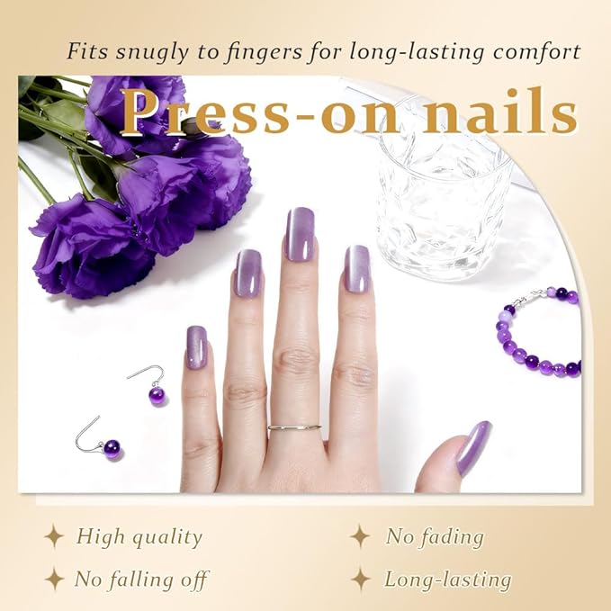 Lavender Purple Cat Eye Press on Nails Medium Square, Medium Square Press Glue on Nails Chrome for Women, Purple Holographic Glitter Glossy Reusable Gel Acrylic Fake Nail with Design Cateye Effect