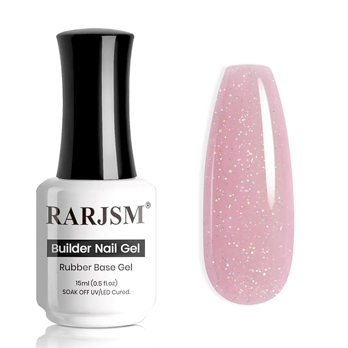 RARJSM Nude Gray Purplish Pink Rainbow Glitter Rubber Base Coat Gel Nail Polish Natural Skin Tone Iridescent Shimmer Brush on Extend Jelly Gelpolish Curing Requires 15ml Salon Home French Manicure