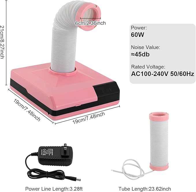 Nail Dust Collector, 60W Dental Polishing Dust Collector with Fan and LED Dual Function Low Noise Dust Suction Machine with Large Caliber Vacuum Cleaner Hose(2.4 In) for Dental Lab Nail Salon (Pink)