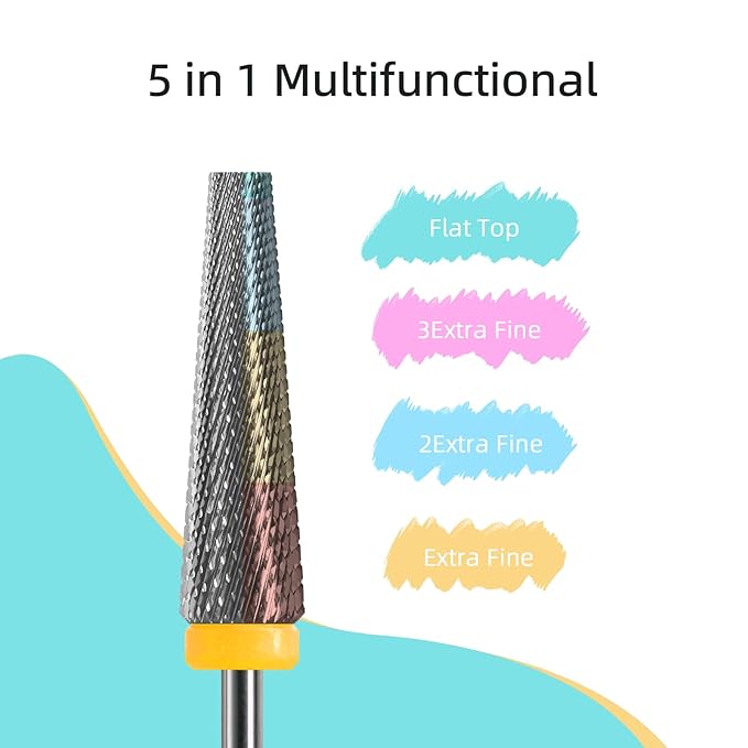 5 in 1 Nail Drill Bits, 24mm Flat Top Tapered Professional Tungsten Carbide Bit for Gel Polish & Base Removal, Electric File Manicure Drills Accessories Tool,XF