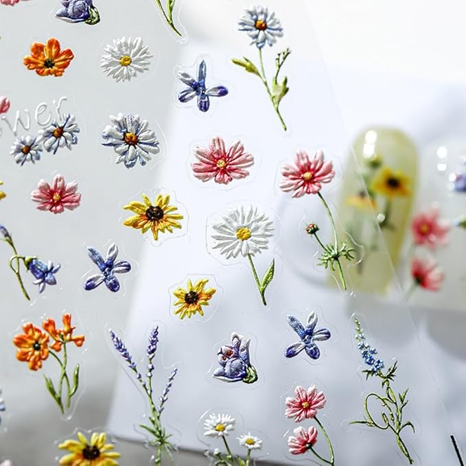 1Pcs Embossed Flower Nail Stickers Small Daisy Nail Decals 5D Embossed Wildflower Nail Art Stickers Spring Summer Self-Adhesive Nail Supplies Flower Design Nail Art Decoration for Women Girls Kids