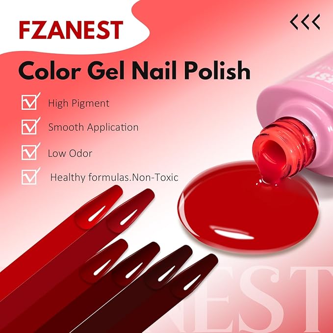 FZANEST Dark Red Gel Nail Polish Set,Rubber Blood Cherry Red Fall Winter Gel Polish Nail Kit Soak Off Nail Polish Home DIY Manicure Nail Salon Varnish