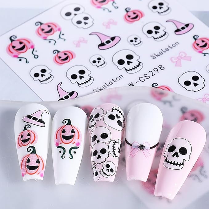6Pcs Halloween Nail Stickers Butterfly Skull Nail Decals DIY Self Adhesive Cartoon Pumpkin Cat Ghost Web Nail Design Halloween Nail Decoration Supplies Holiday Manicure Accessories for Women Girls