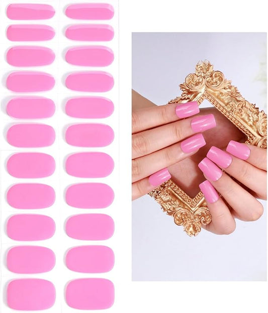 No Lamp Gel Nail Strips 22 Pcs Wraps - Dark Pink, Solid, Easy Apply Gel Nail Stickers Long Lasting, Salon-Quality, 2 Prep Pads, 1 File, 1 Wooden Stick