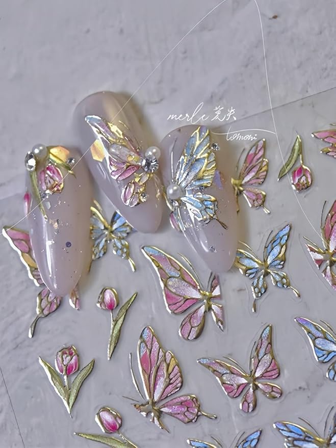 Tokyo Butterfly Nail Stickers 5D Embossed – Premium Salon-Quality Nail Charm Accessories, Easy Application & Self-Adhesive Golden Retro Decal for DIY Manicure, Nail Art, Press on, Home or Salon Use